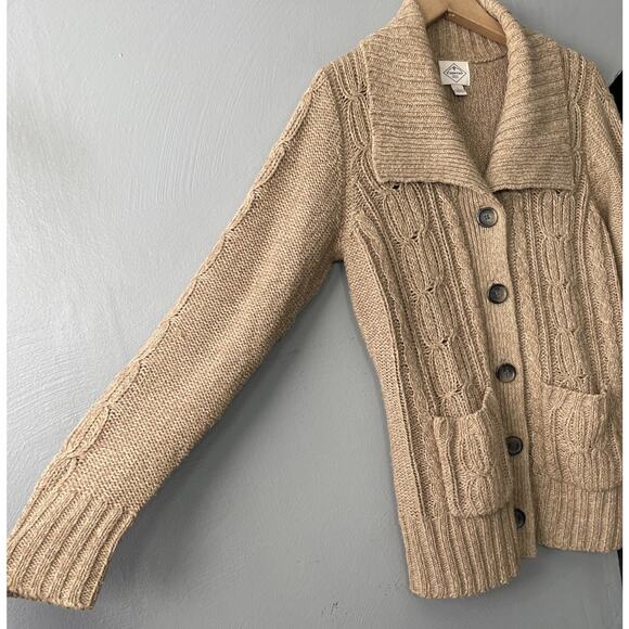 Y2K Cable Knit Cardigan Size Large Tan Button Sweater Pockets Chunky Academia - Picture 2 of 9